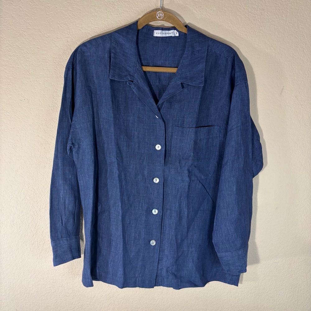 Cut Loose Blue Button Down Boho 100% Linen Sz L Womens Casual Coastal Minimal